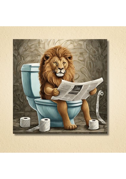 Tekli Kare Kanvas Banyo Tablosu Gazete Okuyan Aslan modelleri