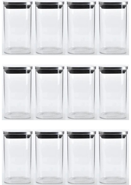 Vakum Krom Kapaklı Kare Cam Kavanoz 6,5X12,5 cm - 350 ml Cam Baharatlık Saklama Kabı 12 Adet