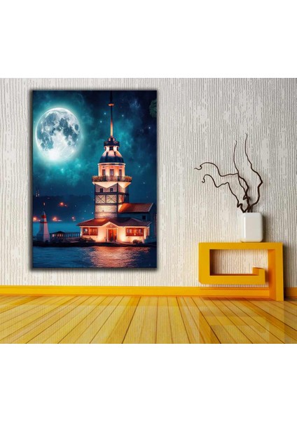 Kız Kulesi Kulesi ve Dolunay'da Istanbul Fantastik Masalsı Gece Kanvas Tablo DKMR289