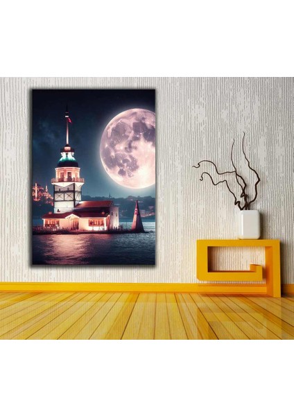 Kız Kulesi Kulesi ve Dolunay'da Istanbul Fantastik Masalsı Gece Kanvas Tablo DKMR288