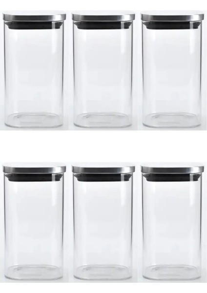 Vakum Krom Kapaklı Kare Cam Kavanoz 6,5X12,5 cm - 350 ml Cam Baharatlık Saklama Kabı 6 Adet