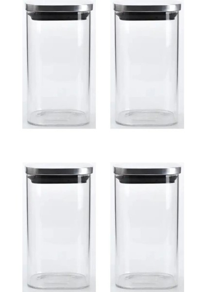 Vakum Krom Kapaklı Kare Cam Kavanoz 6,5X12,5 cm - 350 ml Cam Baharatlık Saklama Kabı 4 Adet