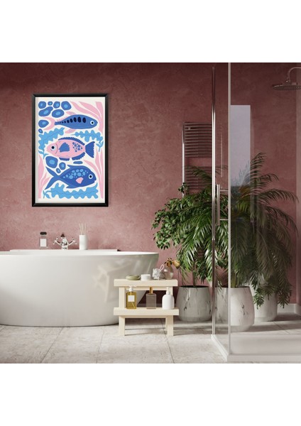 Tekli Ahşap Lamine Çerçeveli Mdf Banyo Tablosu Mavi Balıklar