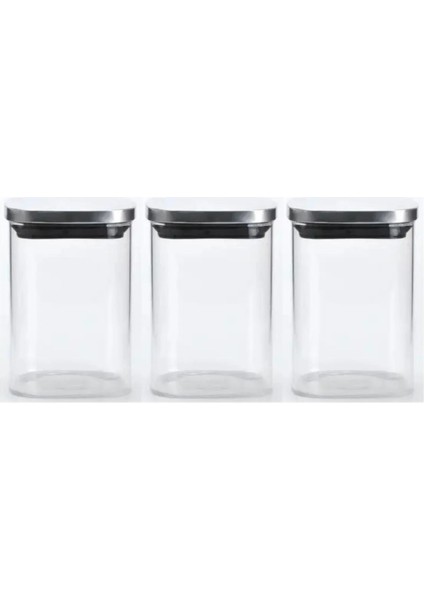 Vakum Krom Kapaklı Kare Cam Kavanoz 6,5X10,5 cm - 300 ml Cam Baharatlık Saklama Kabı 3 Adet