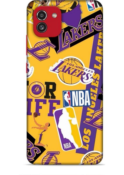 Samsung Galaxy A03 Kılıf Basketbolcular 11 Sarı Mor Los Angeles 4K Baskılı Kılıf