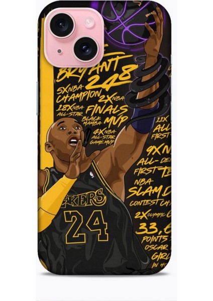 Apple iPhone 15 Kılıf Basketbolcular 7 Kobe 24 Siyah Sarı Desenli Kılıf