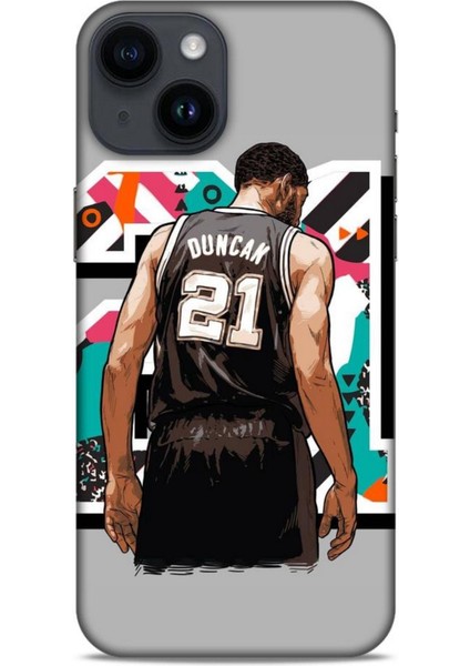 Apple iPhone 14 Kılıf Basketbolcular 27 Duncan 21 Gri Lazer Kesim Silikon