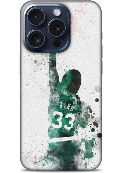 Apple iPhone 15 Pro Kılıf Basketbolcular 28 Bird 33 Beyaz Yeşil Iz Bırakmayan Kılıf