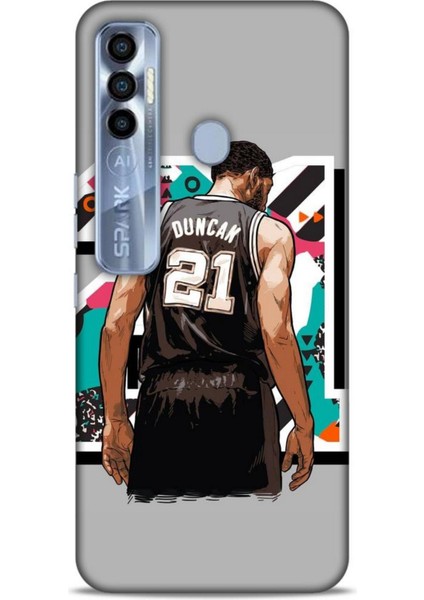 Tecno Spark 7 Pro Kılıf Basketbolcular 27 Duncan 21 Gri Lazer Kesim Silikon