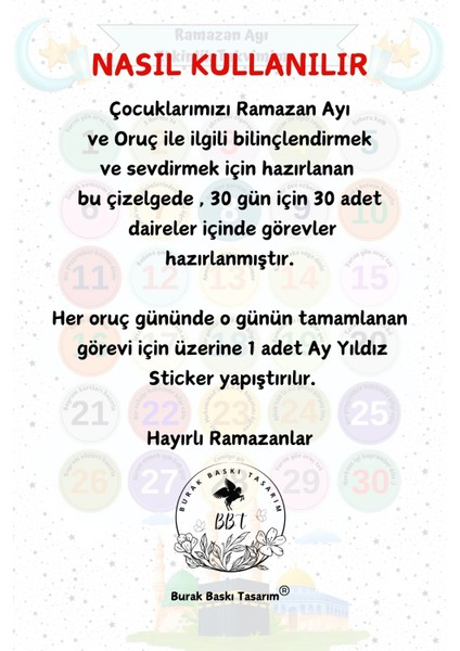 Çocuklar İçin Ramazan Ayı Oruç ve Görev Çizelgesi - Ramazan Sticker- Çocuk İmsakiyesi modelleri