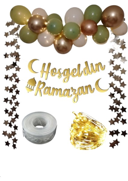 Hoşgeldin Ramazan Gold Yazı Ledli Zincir Balon Seti 11 Ayın Sultanı Ramazan Bayramı Oda Süsleme Seti