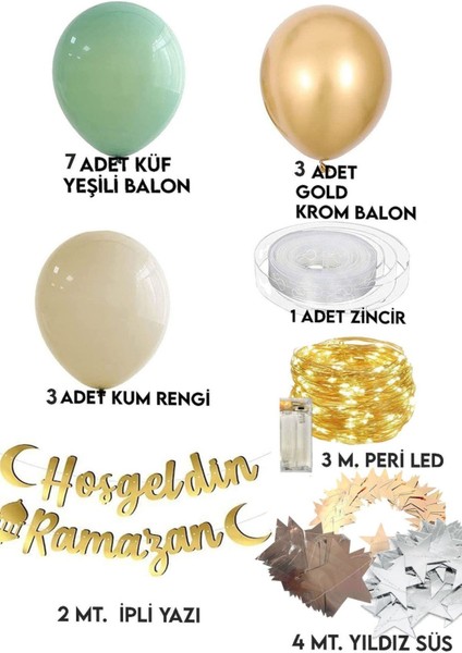 Hoşgeldin Ramazan Gold Yazı Ledli Zincir Balon Seti 11 Ayın Sultanı Ramazan Bayramı Oda Süsleme Seti