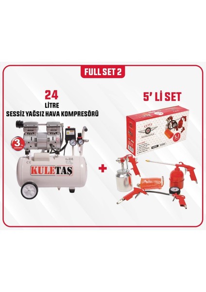 Full Set 2 Kuletaş Süper Sessiz Yağsız Hava Kompresörü 24 Litre 1 Hp 3 Yıl Garanti