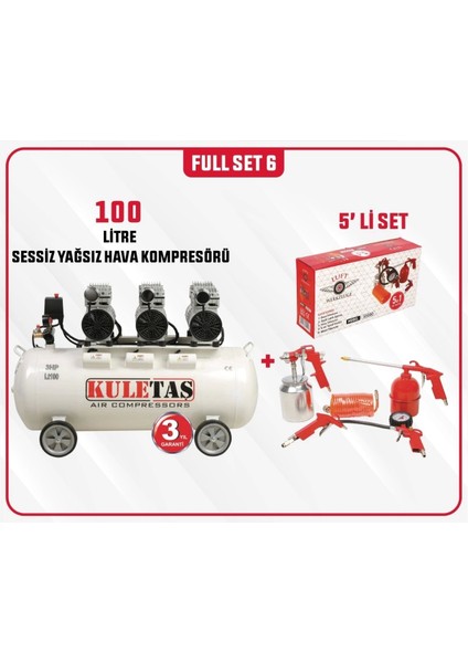 Full Set 6 Kuletaş Süper Sessiz Yağsız Kompresör 100 Litre +5 Li Havalı Alet Seti