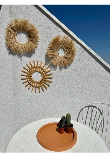 3'lü Set Rafya Rattan Turuncu Çubuk,yuvarlak, Damla Çerçeve El Yapım Balkon,kapı,duvar, Bahçe Süsü
