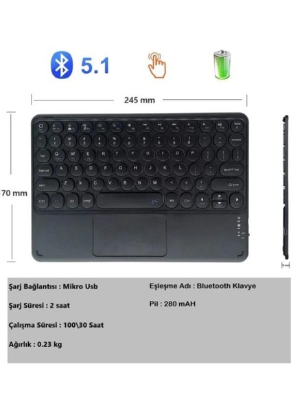 Wenn Tab Ultra 10.4" Uyumlu Kablosuz Bluetooth Şarj Edilebilir Mini Q Touchpad'li Klavye - Siyah