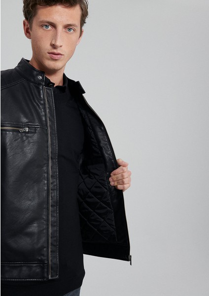 Siyah Suni Deri Ceket 0110345-900 indirimleri