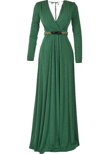 Maxi Abiye Elbise: Uzun Kol, V Yaka, Şık Kemer Detayı