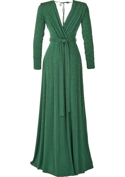 Maxi Abiye Elbise: Uzun Kol, V Yaka, Şık Kemer Detayı modelleri