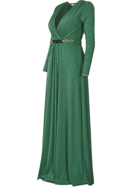 Maxi Abiye Elbise: Uzun Kol, V Yaka, Şık Kemer Detayı indirimleri