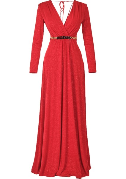 Maxi Abiye Elbise: Uzun Kol, V Yaka, Şık Kemer Detayı