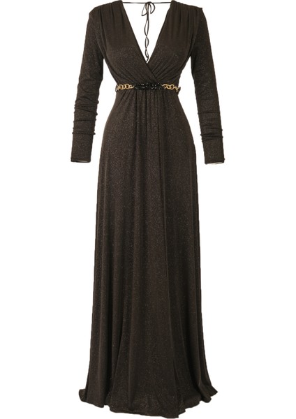 Maxi Abiye Elbise: Uzun Kol, V Yaka, Şık Kemer Detayı