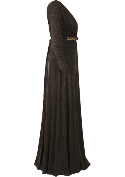 Maxi Abiye Elbise: Uzun Kol, V Yaka, Şık Kemer Detayı modelleri