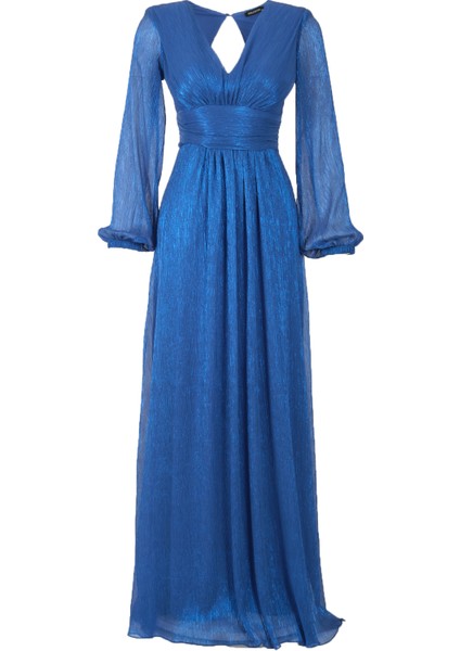 Metalik Maxi Abiye Elbise - V Yaka, Uzun Kollu, Şifon