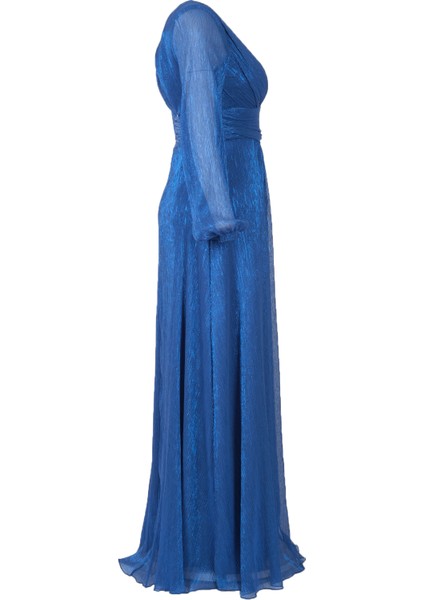 Metalik Maxi Abiye Elbise - V Yaka, Uzun Kollu, Şifon fiyatları