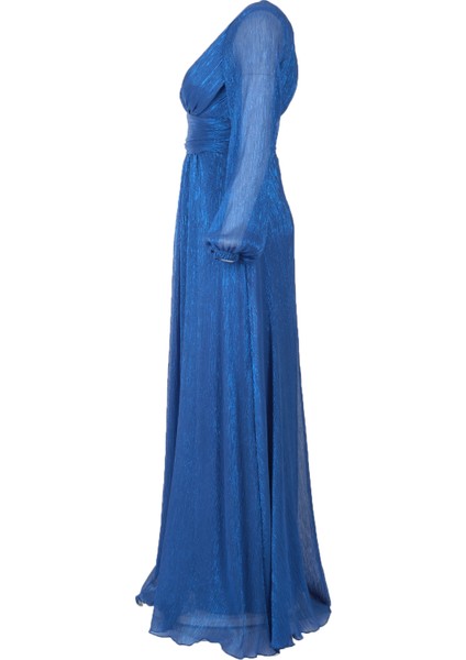 Metalik Maxi Abiye Elbise - V Yaka, Uzun Kollu, Şifon modelleri