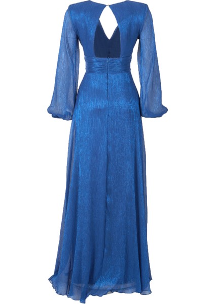 Metalik Maxi Abiye Elbise - V Yaka, Uzun Kollu, Şifon fırsatları