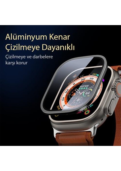 Alüminyum Kenarlı Ful Kaplama Apple Watch Ultra 49MM Ekran Koruyucu, Toz ve Su Geçirmez Kırılmaz