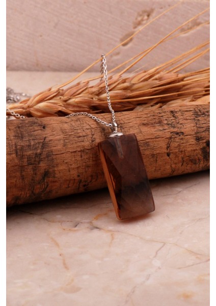 Renk Değiştiren Sultan Taşlı Kare Kesim Rodyumlu Gümüş Kolye 7958