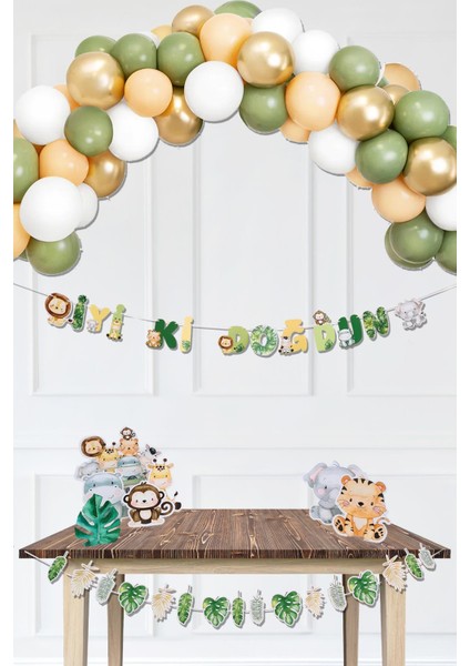 Retro Safari Doğum Günü Parti Paketi Balon Zinciri Safari Ayaklı Pano ve Banner Set