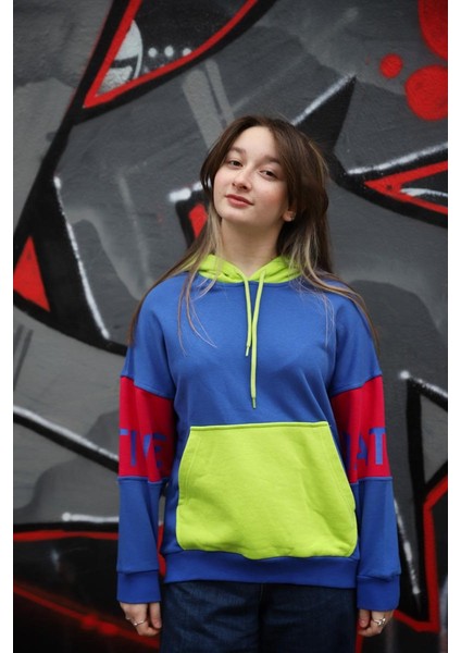 09-15 Yaş Kız Çocuk Saks Renk Kanguru Cep Kapüşonlu Sweat