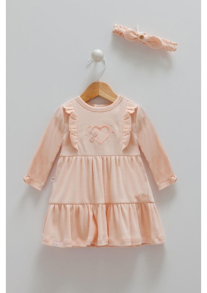 01-12 Ay Kız Bebek Somon Renk Elbise Band Set