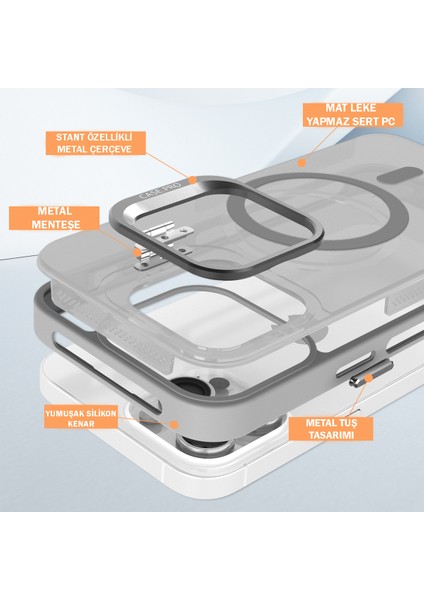 iPhone 15 Kılıf + Lens Koruyucu Magsafe ve Stant Özellikli Arkası Mat Sert Pc Leke Yapmaz