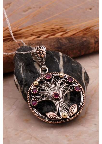 Telkari Elişi Hayat Ağacı Kök Yakut Taşlı Gümüş Kolye 7970
