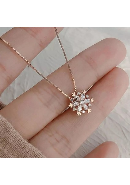 925 Ayar Zirkon Taşlı Kar Tanesi Rose Renk Kolye