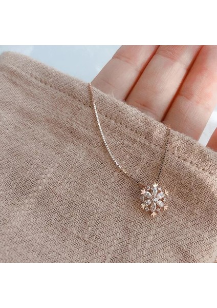 925 Ayar Zirkon Taşlı Kar Tanesi Rose Renk Kolye