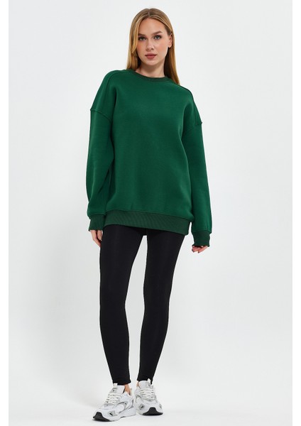 Yeşil Sweatshirt Oversize Sweatshirt Kadın Bisiklet Yaka Sweatshirt