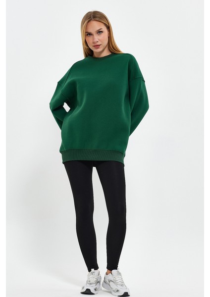 Yeşil Sweatshirt Oversize Sweatshirt Kadın Bisiklet Yaka Sweatshirt