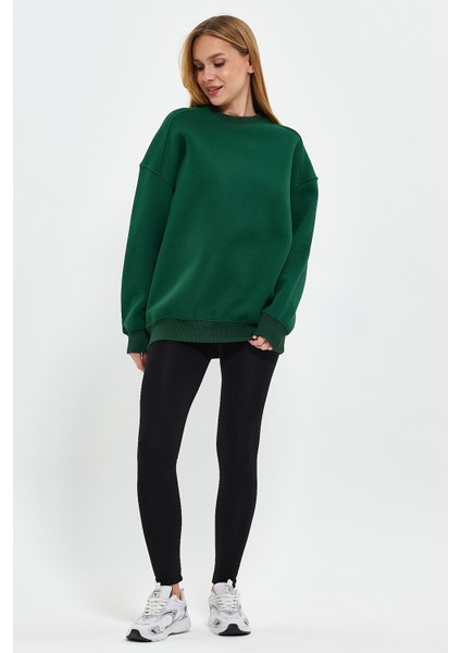 Yeşil Sweatshirt Oversize Sweatshirt Kadın Bisiklet Yaka Sweatshirt