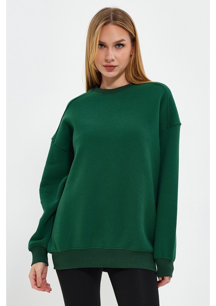 Yeşil Sweatshirt Oversize Sweatshirt Kadın Bisiklet Yaka Sweatshirt