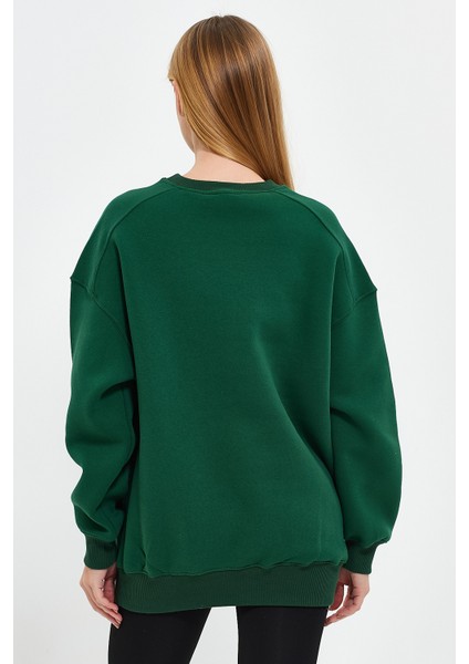 Yeşil Sweatshirt Oversize Sweatshirt Kadın Bisiklet Yaka Sweatshirt