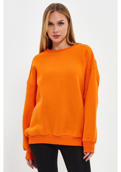 Turuncu Sweatshirt Oversize Sweatshirt Kadın Bisiklet Yaka Sweatshirt fırsatları