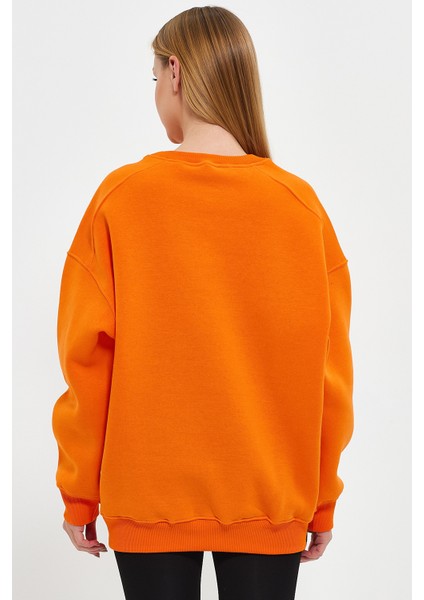 Turuncu Sweatshirt Oversize Sweatshirt Kadın Bisiklet Yaka Sweatshirt indirimleri