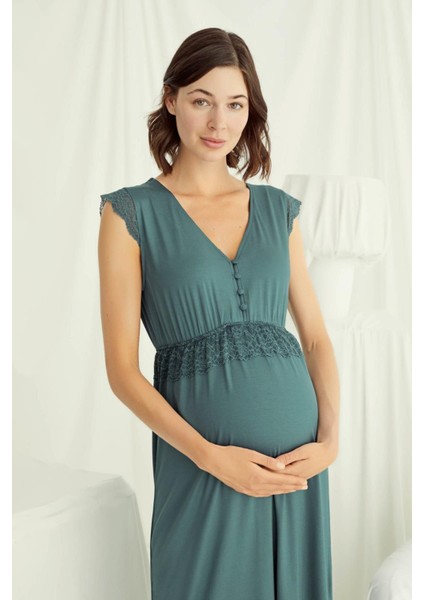 18521 Hamile Lohusa Kalın Askılı Dantelli Gecelik-Yeşil fiyatları