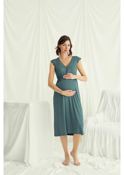 18521 Hamile Lohusa Kalın Askılı Dantelli Gecelik-Yeşil modelleri