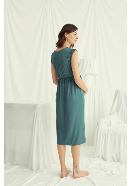 18521 Hamile Lohusa Kalın Askılı Dantelli Gecelik-Yeşil indirimleri